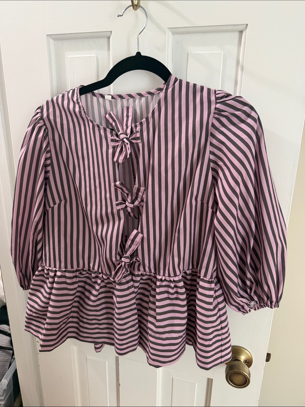 Pink & Black Striped Peplum Tie-Front Blouse